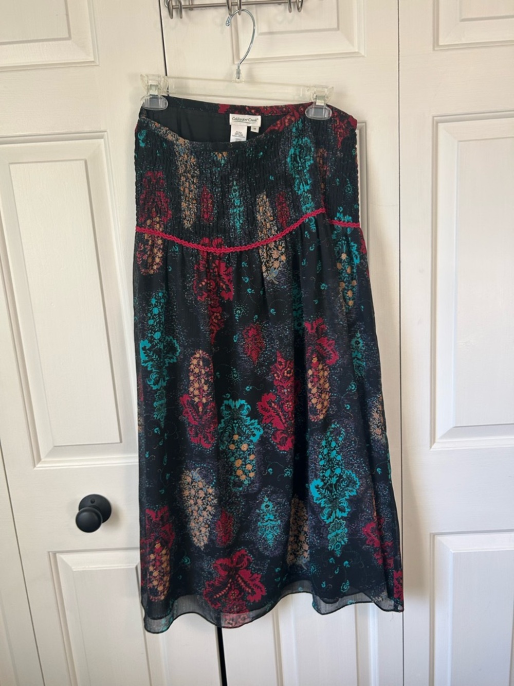 Coldwater Creek Black Midi Skirt with Teal, Magenta & Gold Paisley